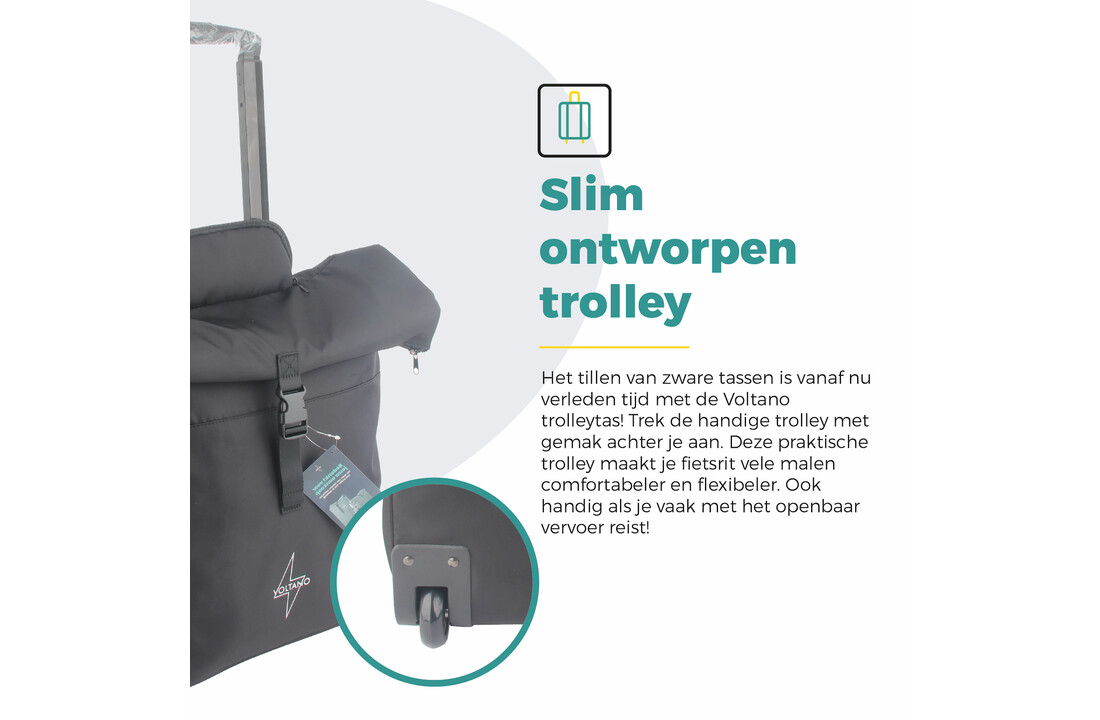 Voltano Fietstrolley Tas 2.0 - Fietstas en Trolley in 1 - Zwart - Laptopvak - 18-28 Liter