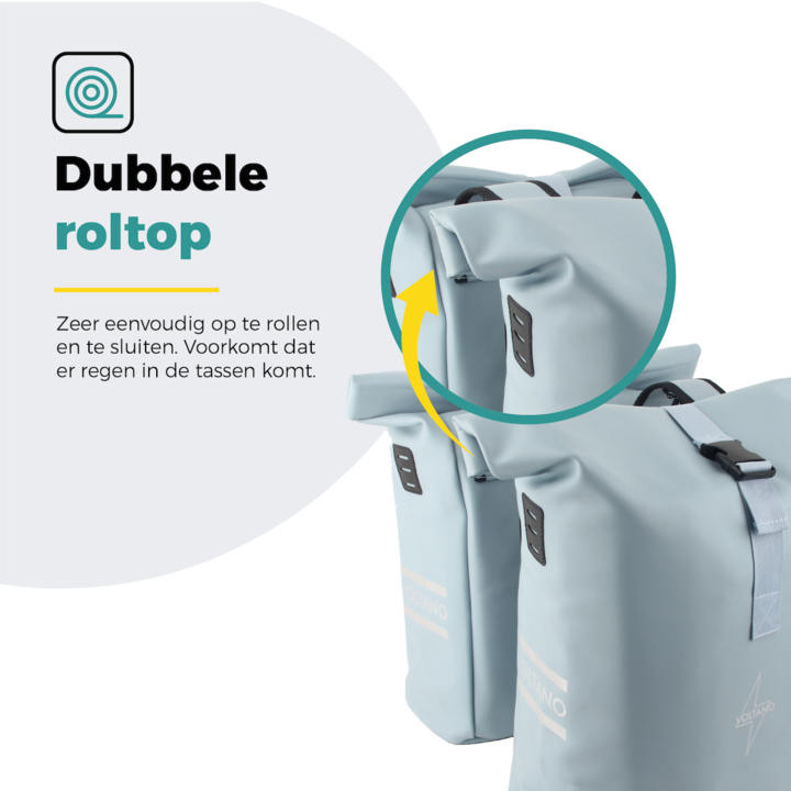 Voltano Dubbele Fietstas Rolltop E-bike Pro - Ice Blauw - 48 Liter - 100% Waterdicht