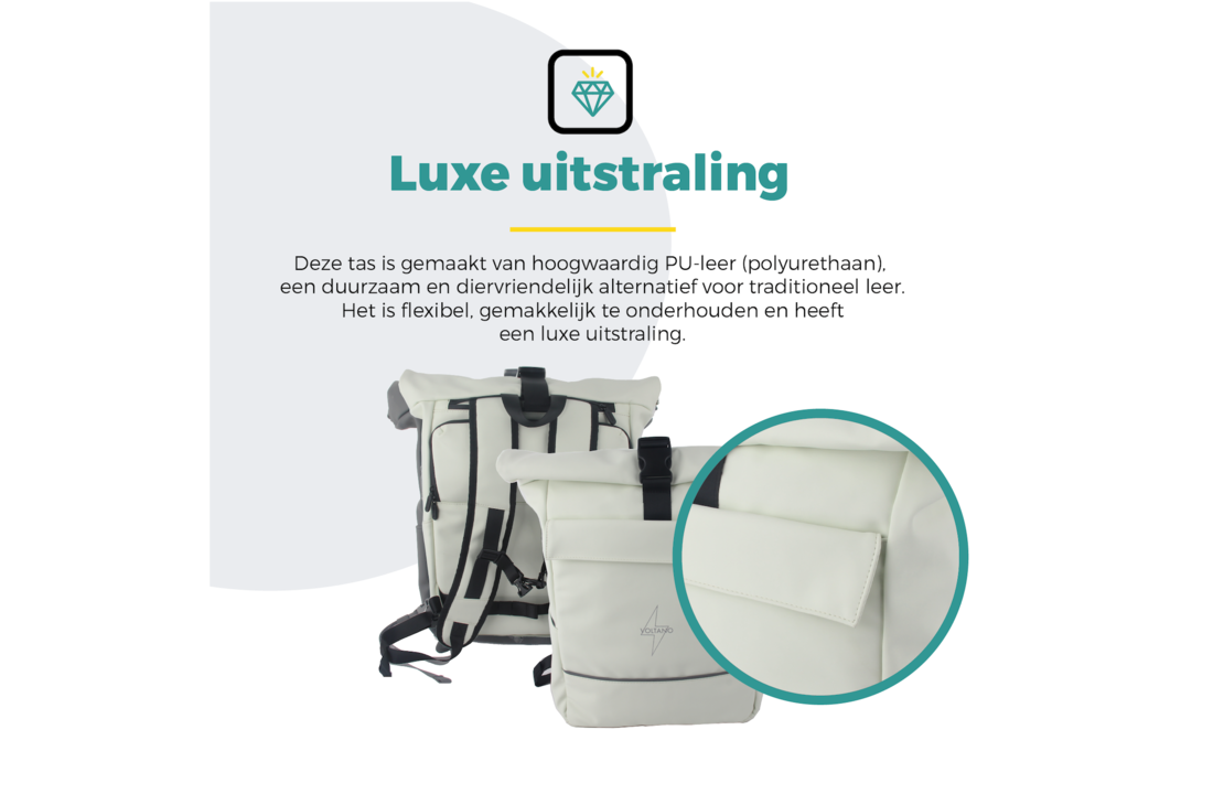 Voltano Luxe E-bike Rolltop Fietstas / Rugtas 28L - Crème - Enkele Pakaftas - 100% Waterdicht