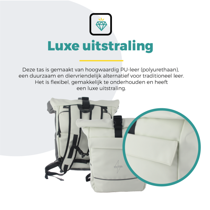 Voltano Luxe E-bike Rolltop Fietstas / Rugtas 28L - Crème - Enkele Pakaftas - 100% Waterdicht
