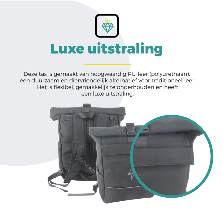 Voltano Luxe E-bike Rolltop Fietstas / Rugtas 28L - Zwart - Enkele Pakaftas - 100% Waterdicht