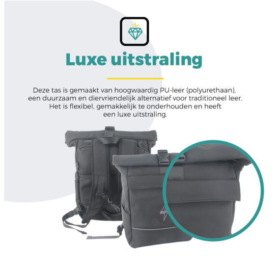 Voltano Luxe E-bike Rolltop Fietstas / Rugtas 28L - Zwart - Enkele Pakaftas - 100% Waterdicht