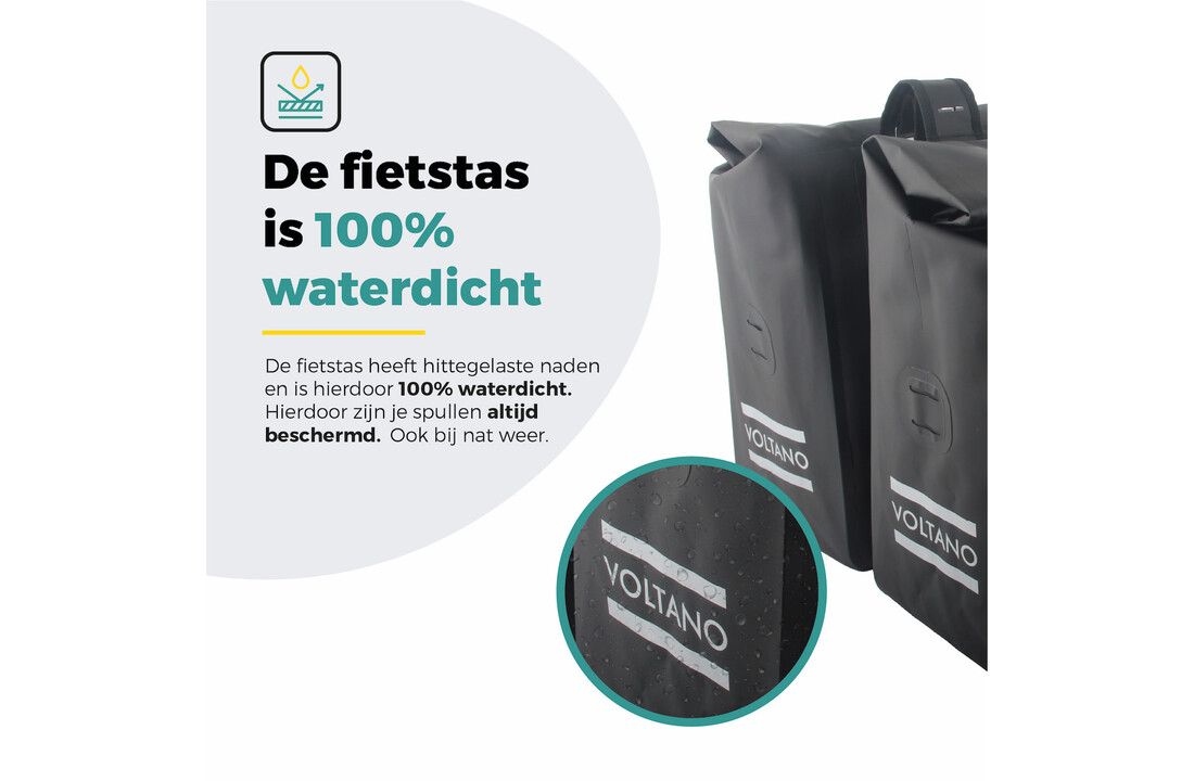 Voltano Dubbele Rolltop Fietstas Volledig Voorgevormd - 50 Liter - Zwart - 100% Waterdicht