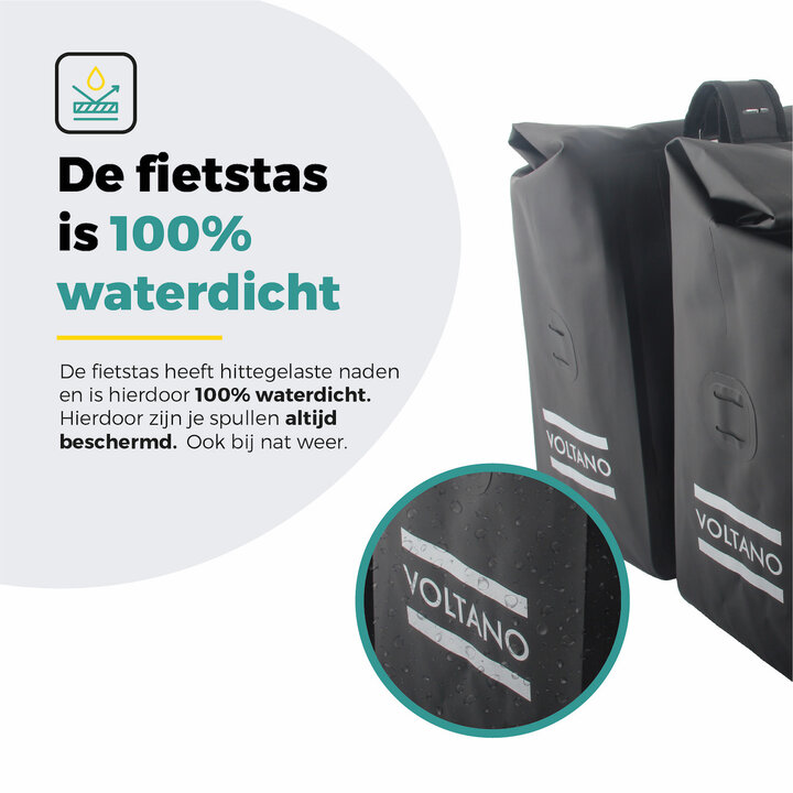 Voltano Dubbele Rolltop Fietstas Volledig Voorgevormd - 50 Liter - Zwart - 100% Waterdicht