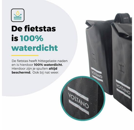 Voltano Dubbele Rolltop Fietstas Volledig Voorgevormd - 50 Liter - Zwart - 100% Waterdicht