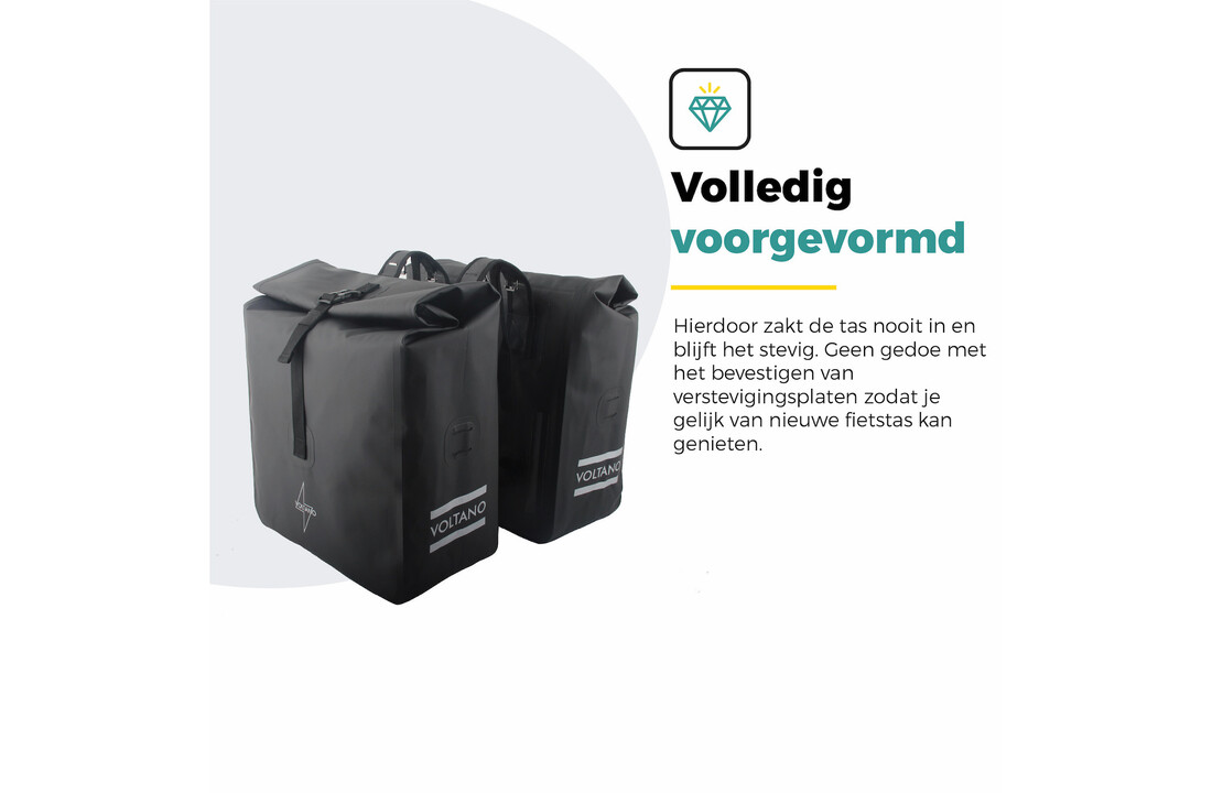 Voltano Dubbele Rolltop Fietstas Volledig Voorgevormd - 50 Liter - Zwart - 100% Waterdicht