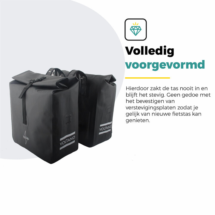 Voltano Dubbele Rolltop Fietstas Volledig Voorgevormd - 50 Liter - Zwart - 100% Waterdicht
