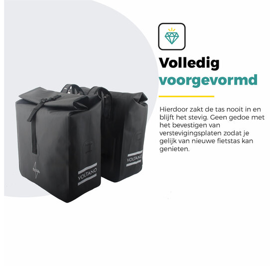 Voltano Dubbele Rolltop Fietstas Volledig Voorgevormd - 50 Liter - Zwart - 100% Waterdicht