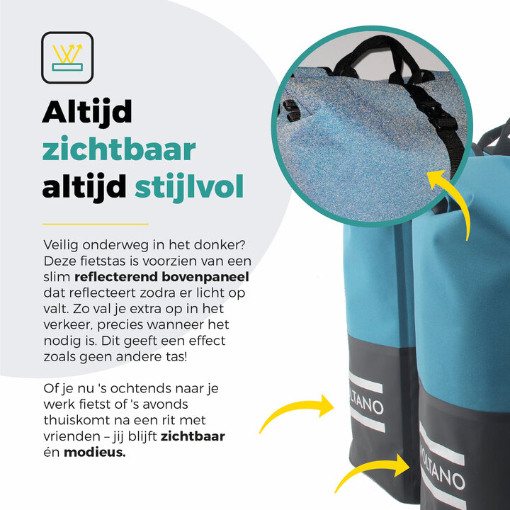 Voltano Dubbele Fietstas Rolltop Reflective Special Edition - Zwart / Blauw  - 50 Liter - 100% Waterdicht