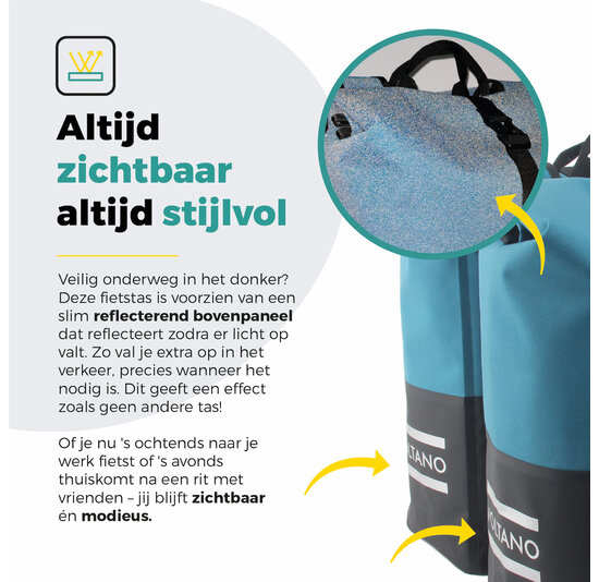 Voltano Dubbele Fietstas Rolltop Reflective Special Edition - Zwart / Blauw  - 50 Liter - 100% Waterdicht