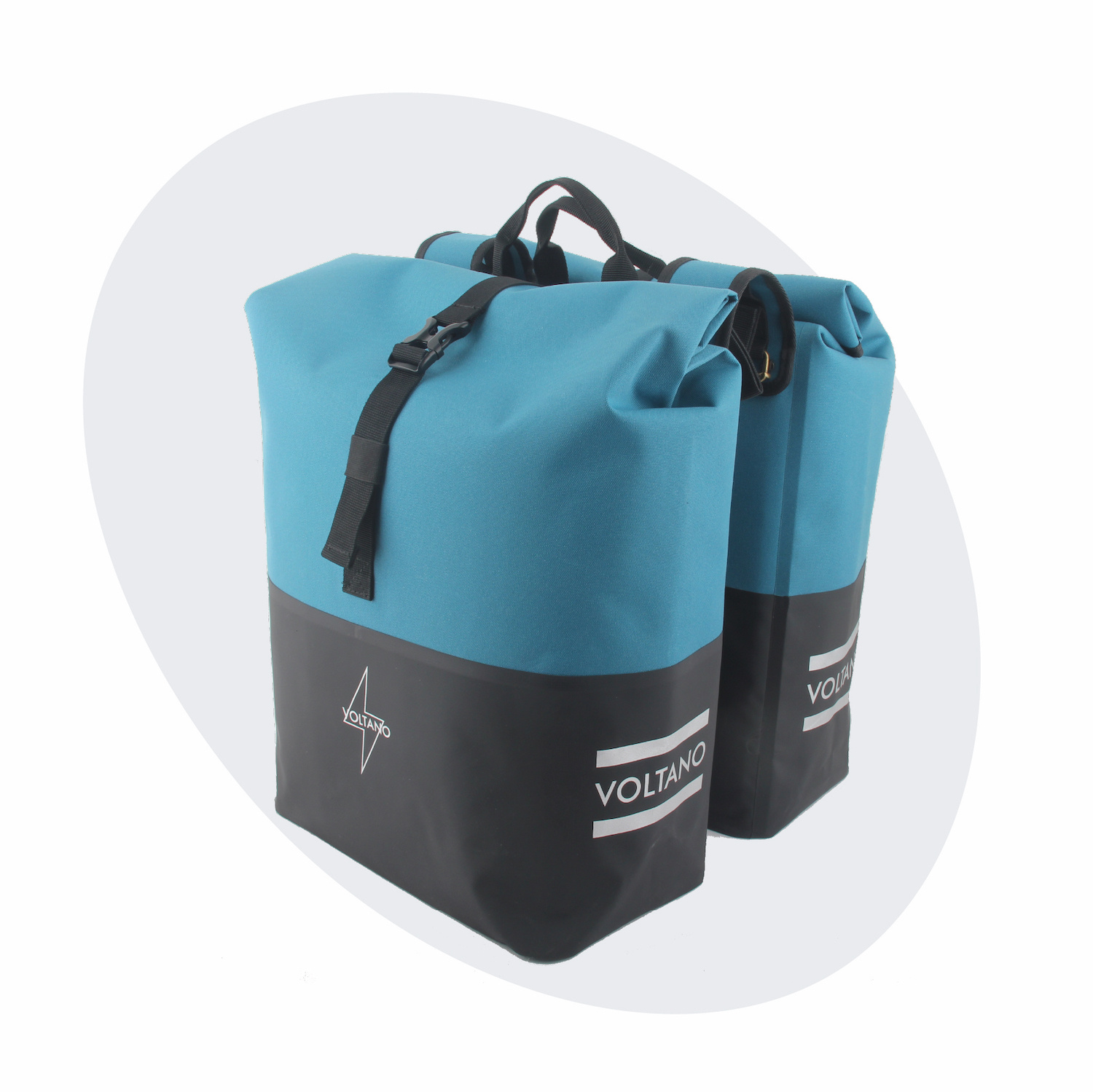 Voltano Dubbele Fietstas Rolltop Reflective Special Edition - Zwart / Blauw  - 50 Liter - 100% Waterdicht