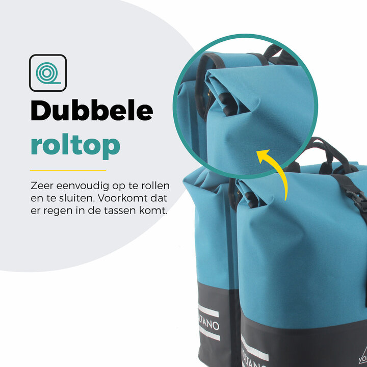 Voltano Dubbele Fietstas Rolltop Reflective Special Edition - Zwart / Blauw  - 50 Liter - 100% Waterdicht