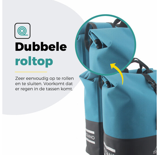 Voltano Dubbele Fietstas Rolltop Reflective Special Edition - Zwart / Blauw  - 50 Liter - 100% Waterdicht