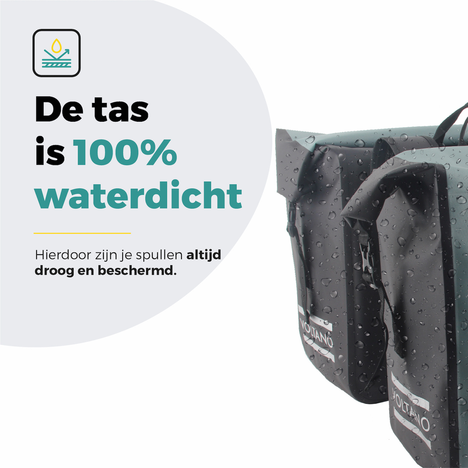 Voltano Dubbele Fietstas Rolltop Luxe E-bike - Zwart / Mintgroen - 48 Liter - 100% Waterdicht