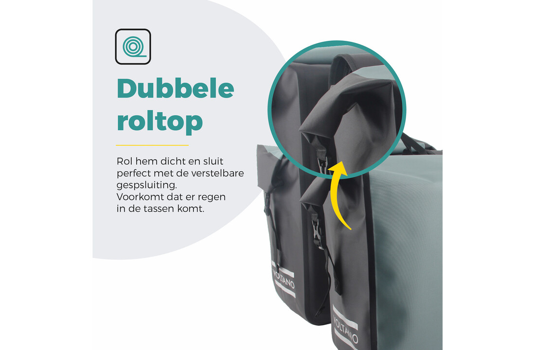 Voltano Dubbele Fietstas Rolltop Luxe E-bike - Zwart / Mintgroen - 48 Liter - 100% Waterdicht