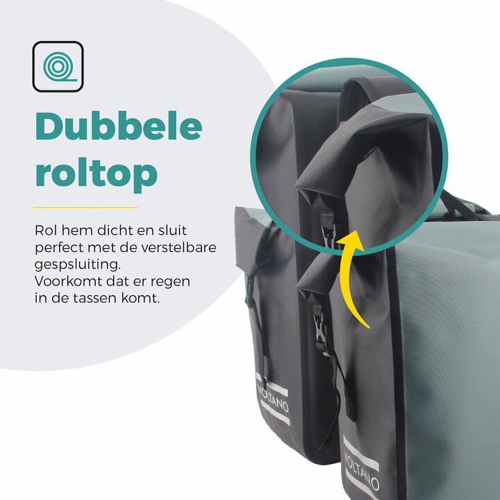 Voltano Dubbele Fietstas Rolltop Luxe E-bike - Zwart / Mintgroen - 48 Liter - 100% Waterdicht