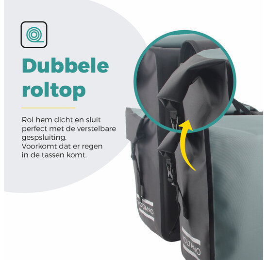 Voltano Dubbele Fietstas Rolltop Luxe E-bike - Zwart / Mintgroen - 48 Liter - 100% Waterdicht