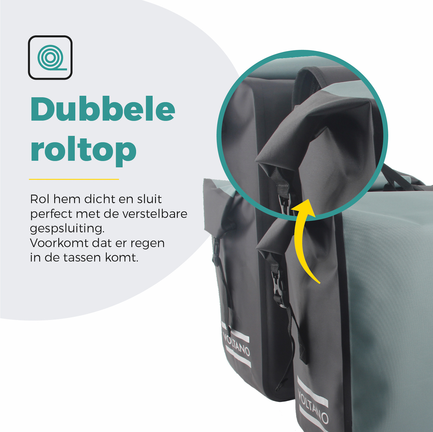 Voltano Dubbele Fietstas Rolltop Luxe E-bike - Zwart / Mintgroen - 48 Liter - 100% Waterdicht