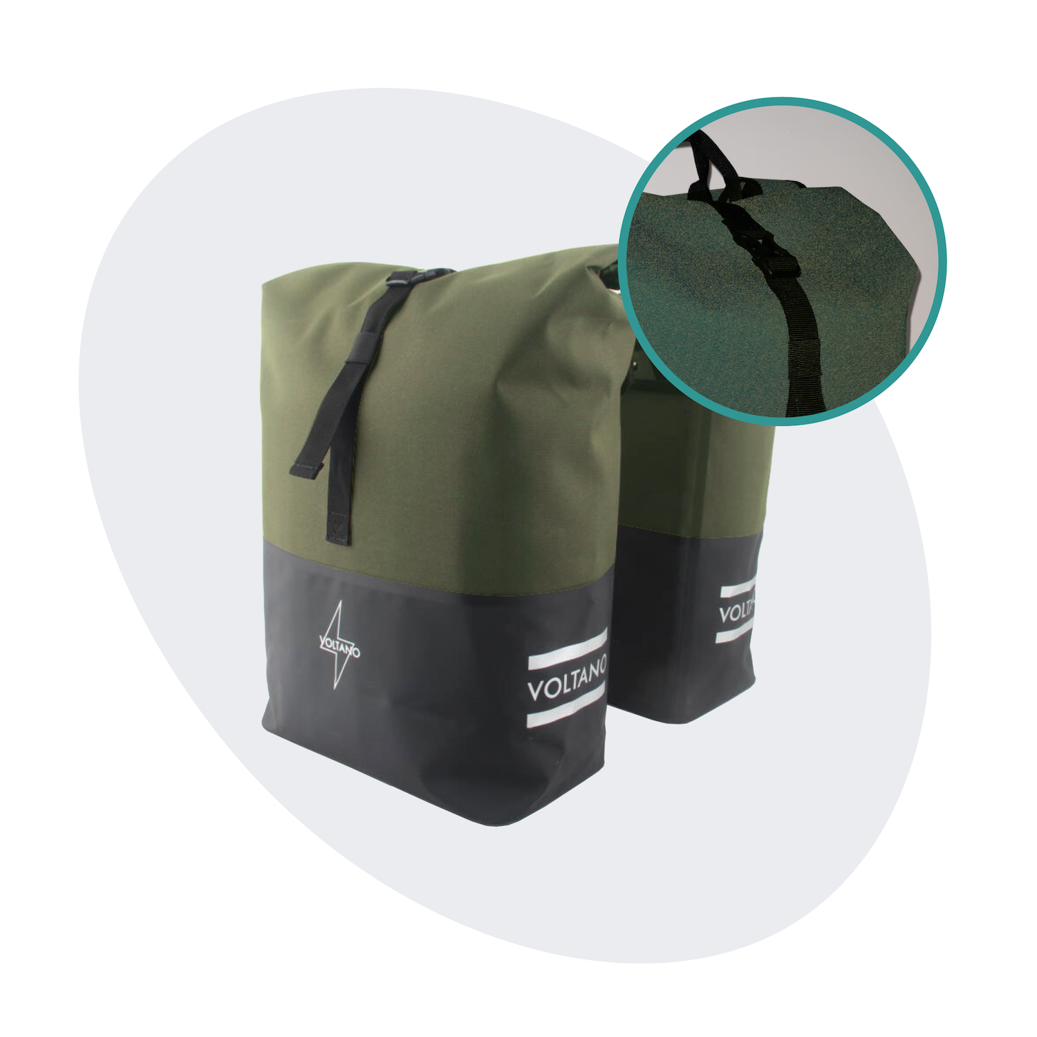 Voltano Dubbele Fietstas Rolltop Reflective Special Edition - Zwart / Olijfgroen - 50 Liter - 100% Waterdicht