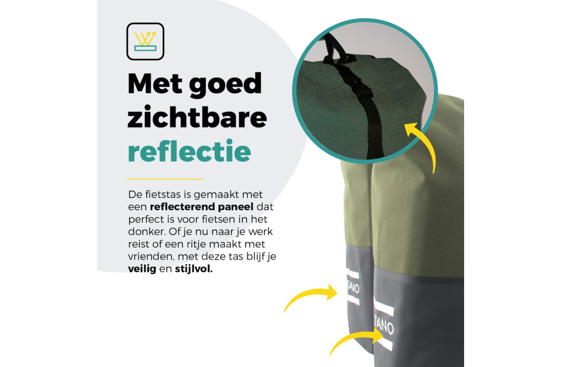 Voltano Dubbele Fietstas Rolltop Reflective Special Edition - Zwart / Olijfgroen - 50 Liter - 100% Waterdicht