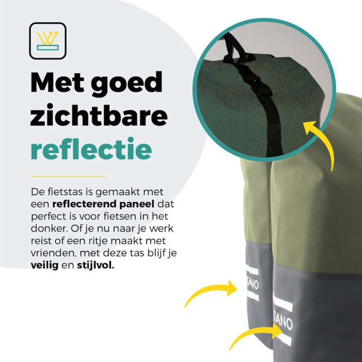 Voltano Dubbele Fietstas Rolltop Reflective Special Edition - Zwart / Olijfgroen  - 50 Liter - 100% Waterdicht