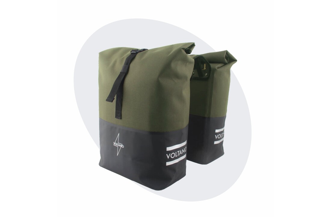 Voltano Dubbele Fietstas Rolltop Reflective Special Edition - Zwart / Olijfgroen - 50 Liter - 100% Waterdicht