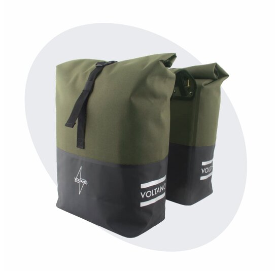 Voltano Dubbele Fietstas Rolltop Reflective Special Edition - Zwart / Olijfgroen  - 50 Liter - 100% Waterdicht