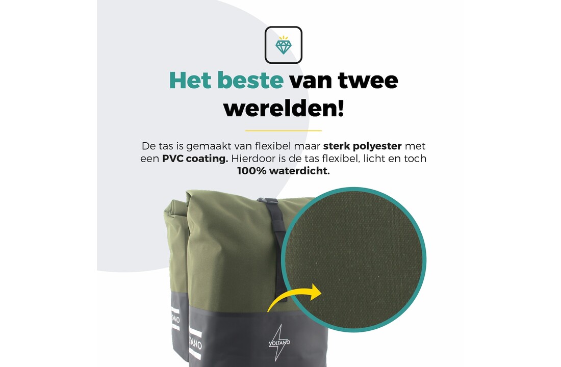 Voltano Dubbele Fietstas Rolltop Reflective Special Edition - Zwart / Olijfgroen - 50 Liter - 100% Waterdicht