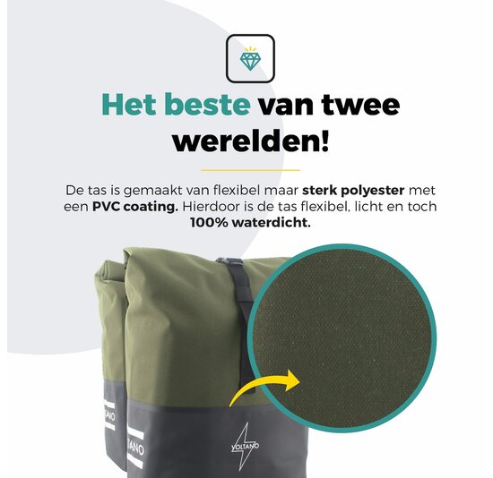 Voltano Dubbele Fietstas Rolltop Reflective Special Edition - Zwart / Olijfgroen  - 50 Liter - 100% Waterdicht