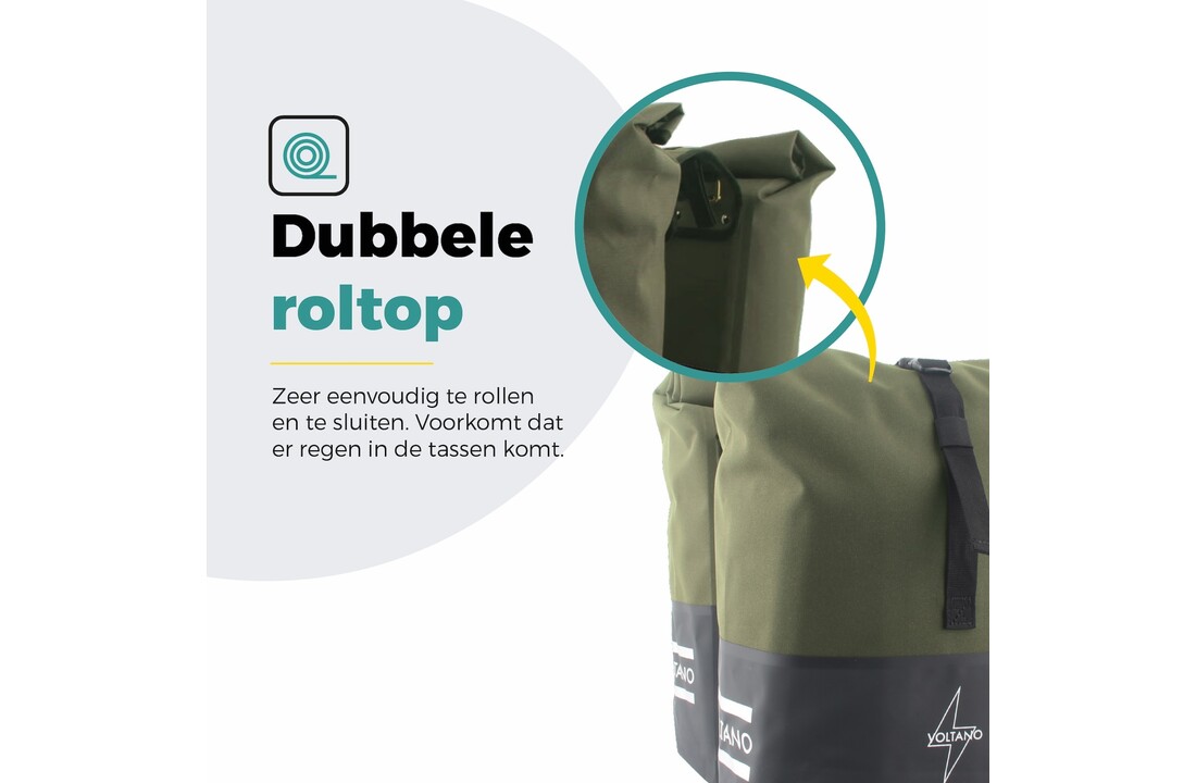 Voltano Dubbele Fietstas Rolltop Reflective Special Edition - Zwart / Olijfgroen - 50 Liter - 100% Waterdicht
