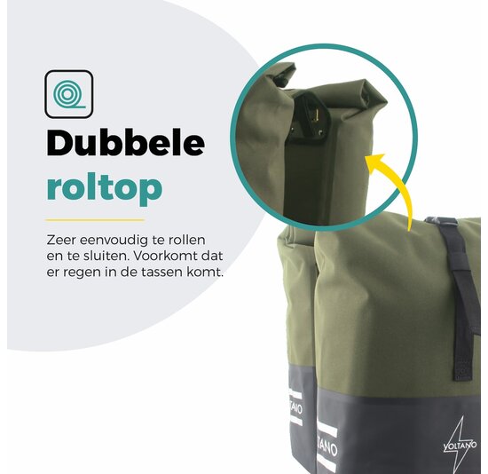 Voltano Dubbele Fietstas Rolltop Reflective Special Edition - Zwart / Olijfgroen  - 50 Liter - 100% Waterdicht