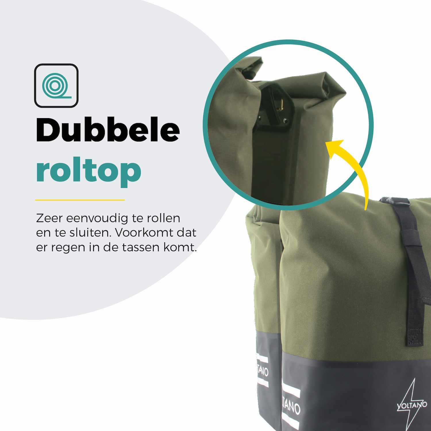 Voltano Dubbele Fietstas Rolltop Reflective Special Edition - Zwart / Olijfgroen - 50 Liter - 100% Waterdicht