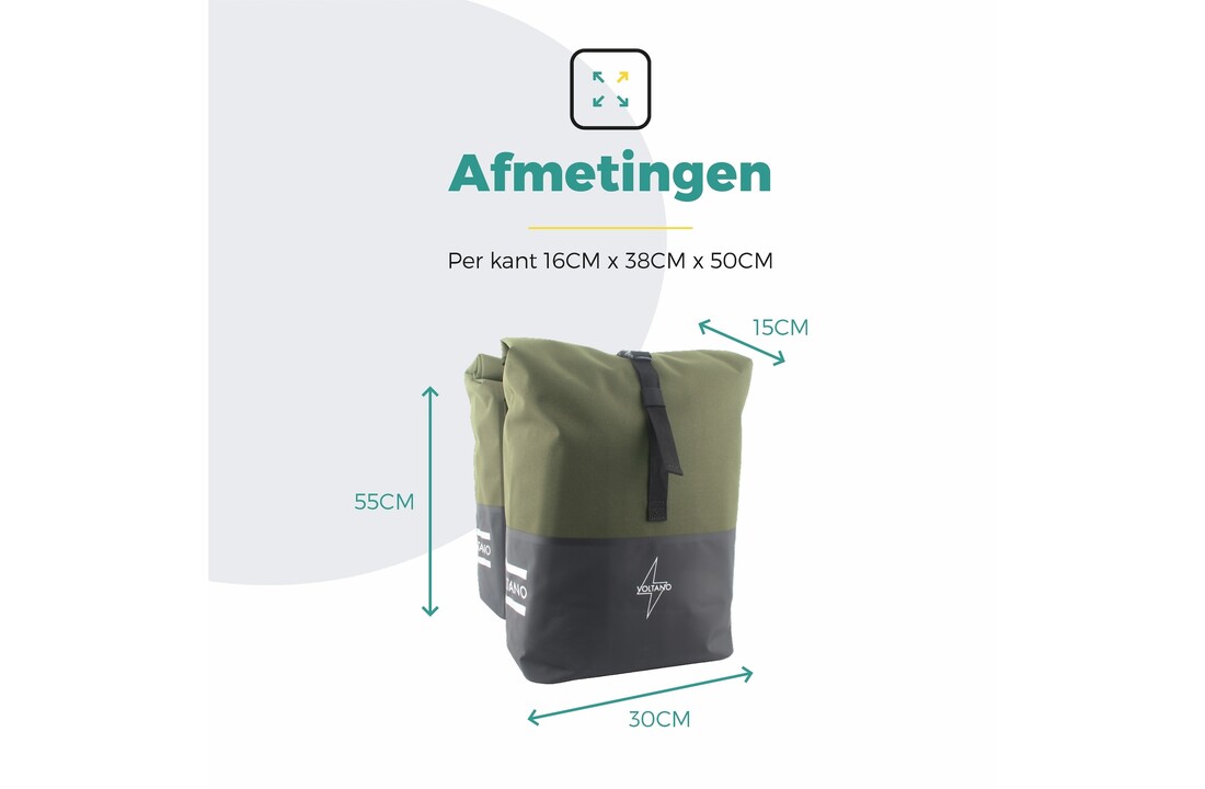 Voltano Dubbele Fietstas Rolltop Reflective Special Edition - Zwart / Olijfgroen - 50 Liter - 100% Waterdicht