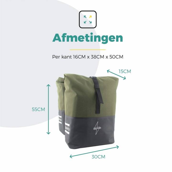 Voltano Dubbele Fietstas Rolltop Reflective Special Edition - Zwart / Olijfgroen  - 50 Liter - 100% Waterdicht