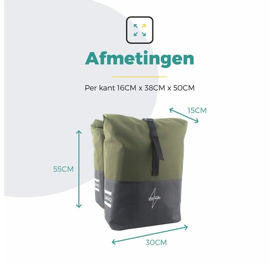 Voltano Dubbele Fietstas Rolltop Reflective Special Edition - Zwart / Olijfgroen  - 50 Liter - 100% Waterdicht