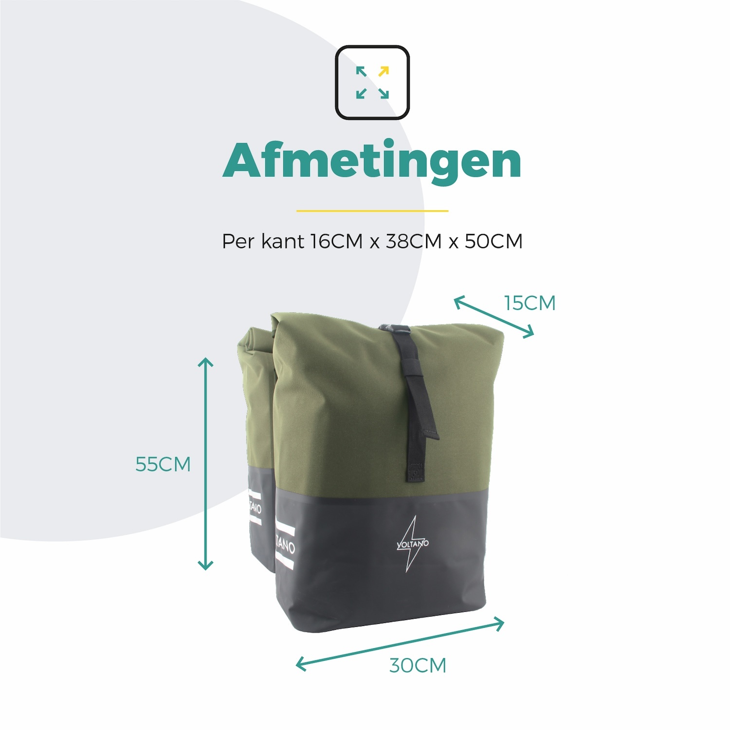 Voltano Dubbele Fietstas Rolltop Reflective Special Edition - Zwart / Olijfgroen - 50 Liter - 100% Waterdicht