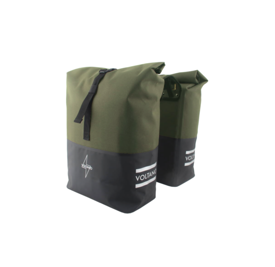 Voltano Dubbele Fietstas Rolltop Reflective Special Edition - Zwart / Olijfgroen  - 50 Liter - 100% Waterdicht