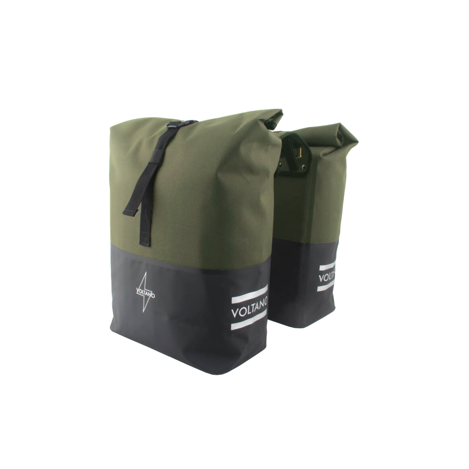 Voltano Dubbele Fietstas Rolltop Reflective Special Edition - Zwart / Olijfgroen - 50 Liter - 100% Waterdicht
