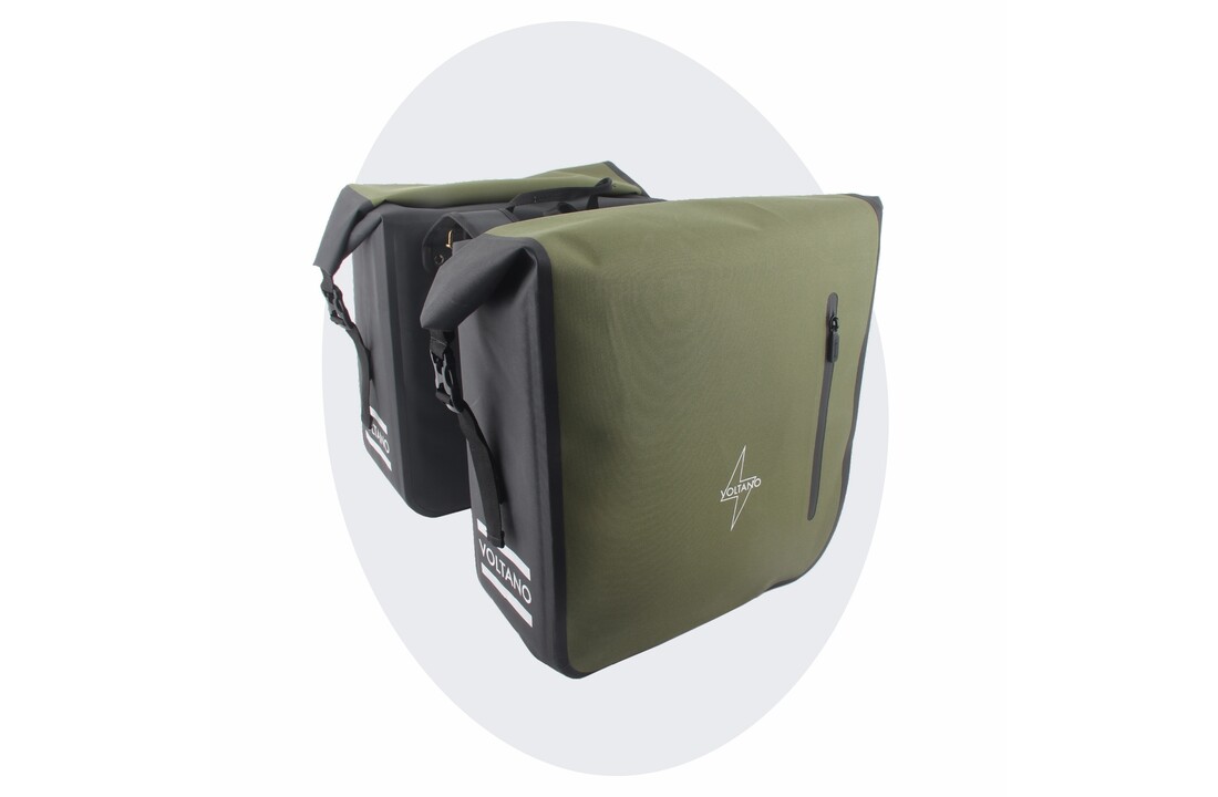 Voltano Dubbele Fietstas Rolltop Luxe E-bike - Zwart / Olijfgroen - 48 Liter - 100% Waterdicht