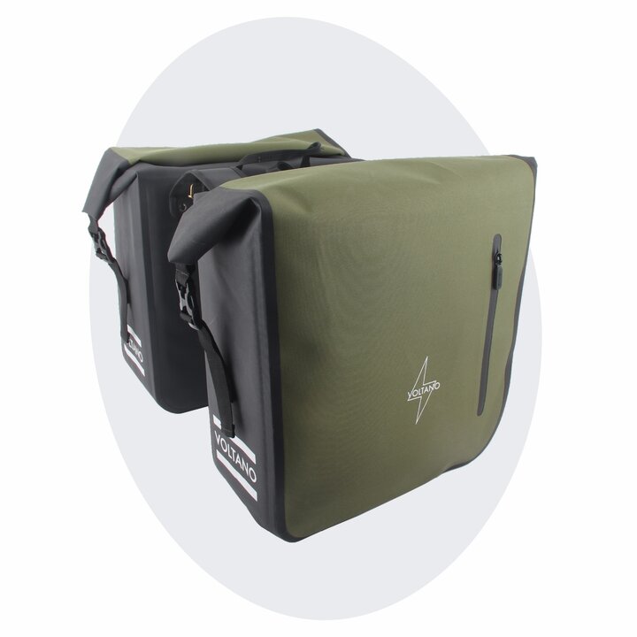 Voltano Dubbele Fietstas Rolltop Luxe E-bike - Zwart / Olijfgroen - 48 Liter - 100% Waterdicht