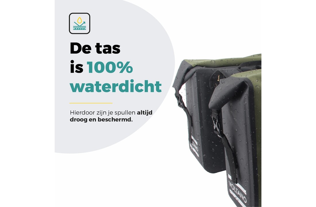 Voltano Dubbele Fietstas Rolltop Luxe E-bike - Zwart / Olijfgroen - 48 Liter - 100% Waterdicht
