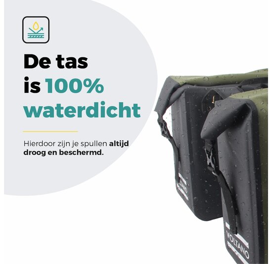 Voltano Dubbele Fietstas Rolltop Luxe E-bike - Zwart / Olijfgroen - 48 Liter - 100% Waterdicht