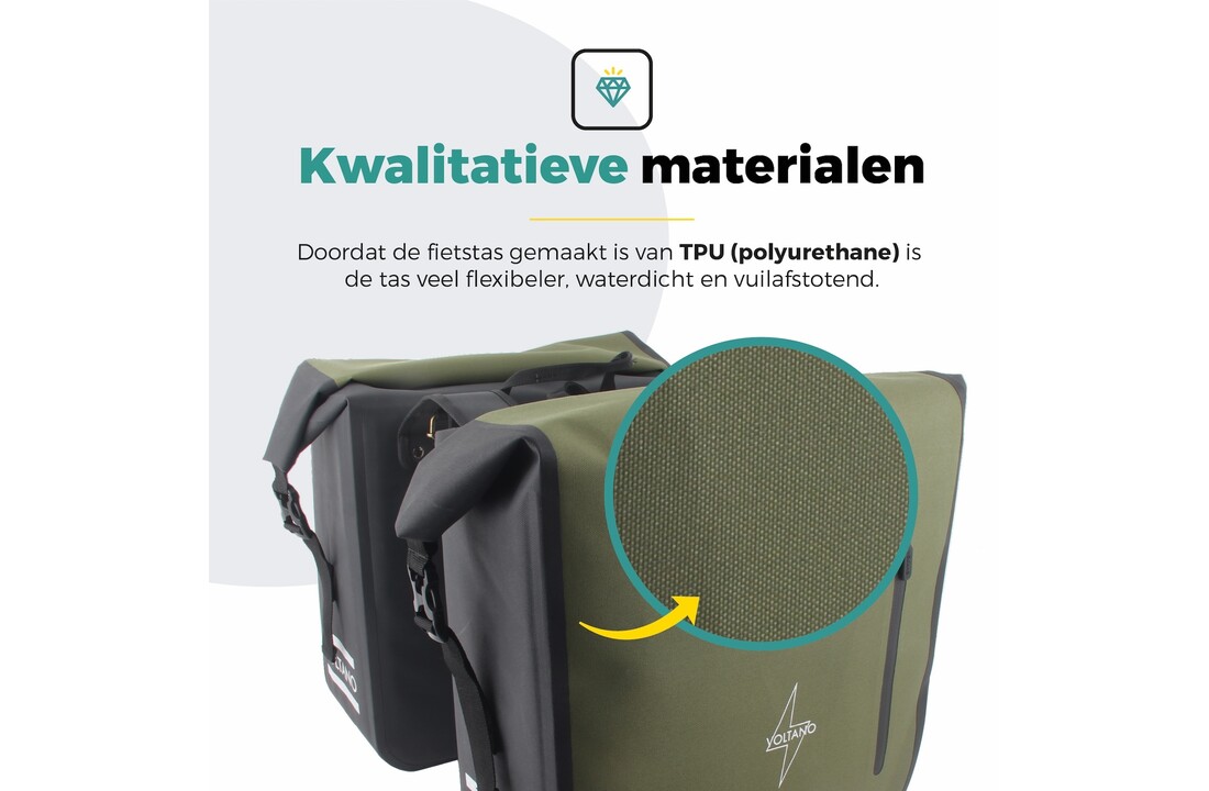 Voltano Dubbele Fietstas Rolltop Luxe E-bike - Zwart / Olijfgroen - 48 Liter - 100% Waterdicht