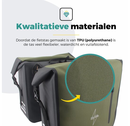 Voltano Dubbele Fietstas Rolltop Luxe E-bike - Zwart / Olijfgroen - 48 Liter - 100% Waterdicht
