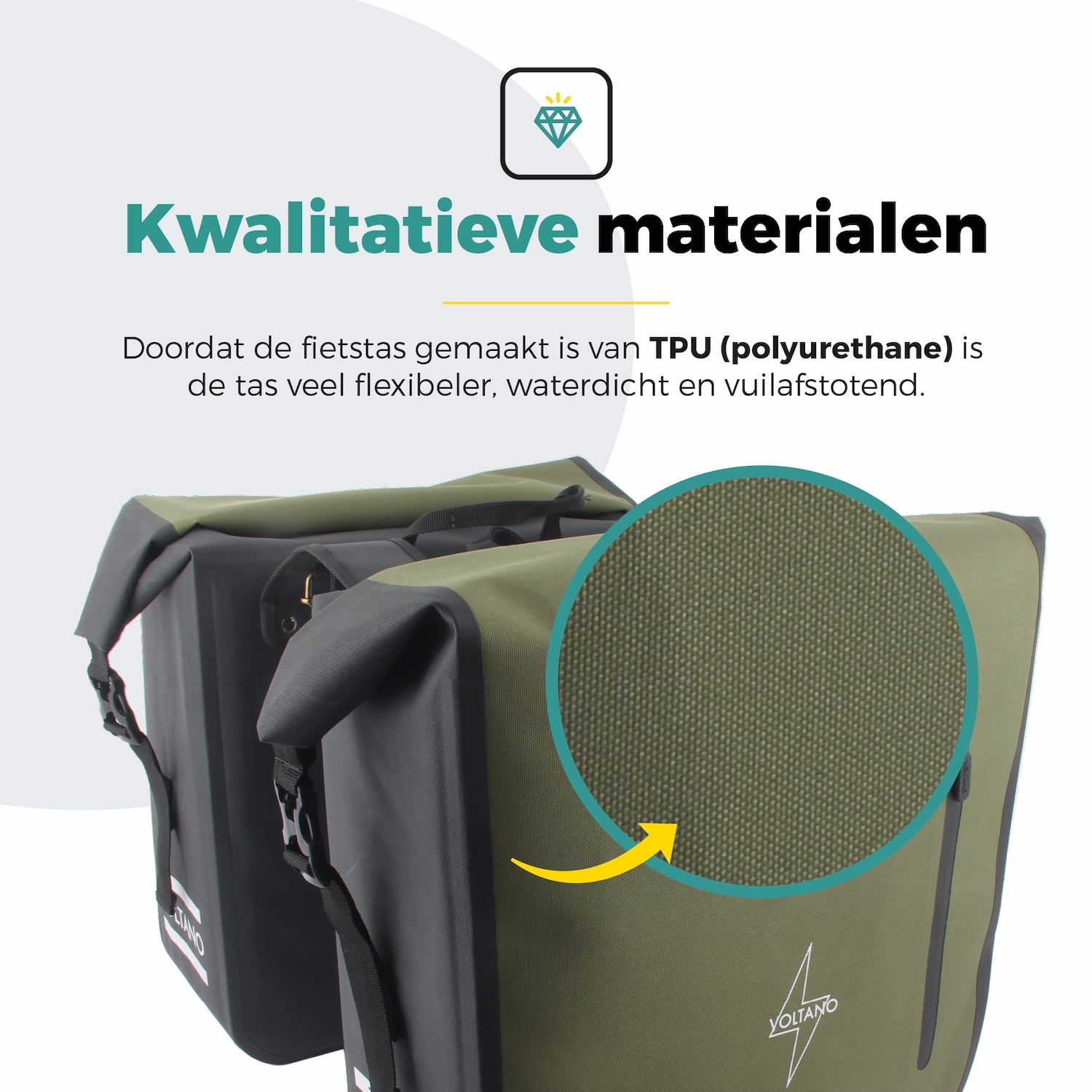 Voltano Dubbele Fietstas Rolltop Luxe E-bike - Zwart / Olijfgroen - 48 Liter - 100% Waterdicht