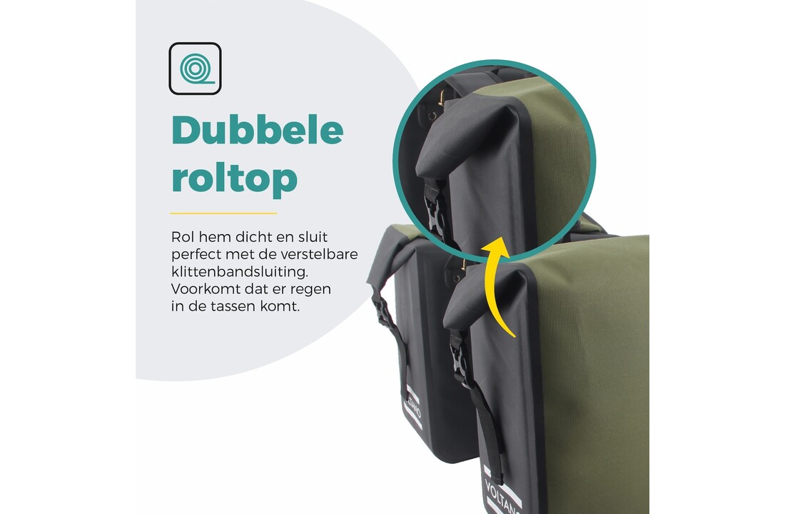 Voltano Dubbele Fietstas Rolltop Luxe E-bike - Zwart / Olijfgroen - 48 Liter - 100% Waterdicht