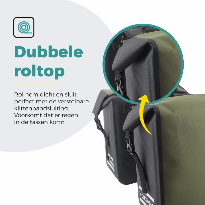 Voltano Dubbele Fietstas Rolltop Luxe E-bike - Zwart / Olijfgroen - 48 Liter - 100% Waterdicht
