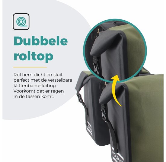 Voltano Dubbele Fietstas Rolltop Luxe E-bike - Zwart / Olijfgroen - 48 Liter - 100% Waterdicht