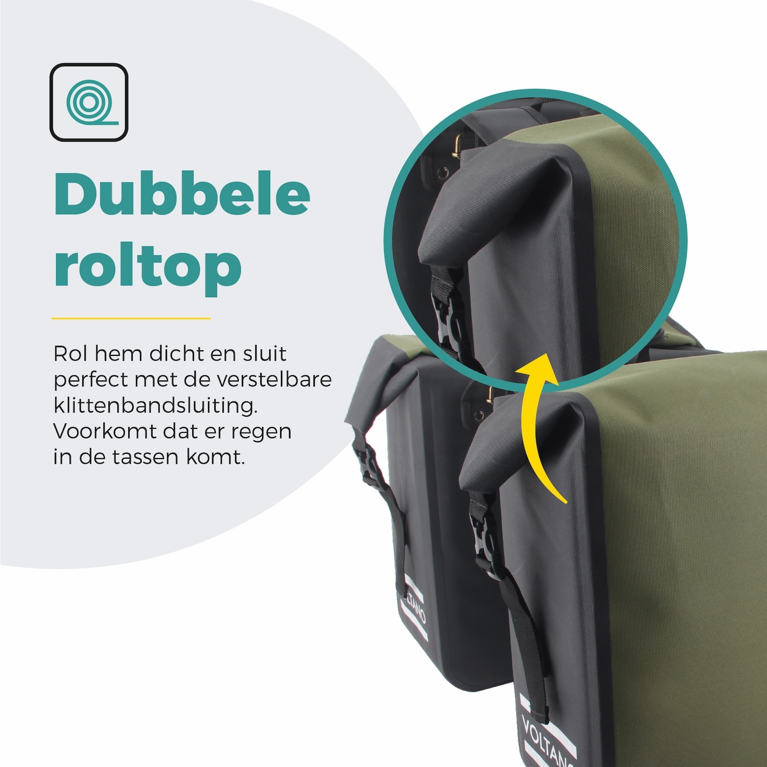 Voltano Dubbele Fietstas Rolltop Luxe E-bike - Zwart / Olijfgroen - 48 Liter - 100% Waterdicht
