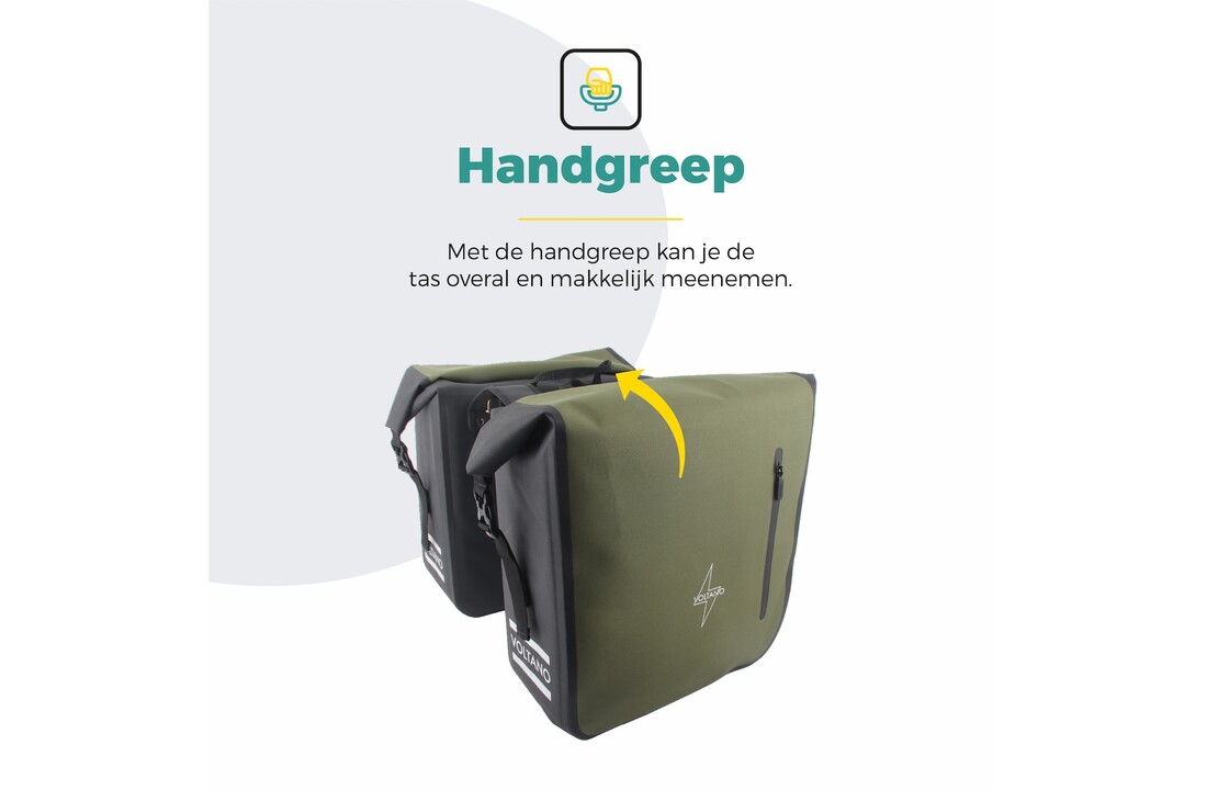 Voltano Dubbele Fietstas Rolltop Luxe E-bike - Zwart / Olijfgroen - 48 Liter - 100% Waterdicht